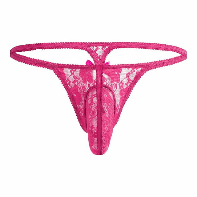 WZXFASHION Men's G-String T-Back Shorts Men Underwear Men Stylish Lace Pattern Intimates Hot Pink L