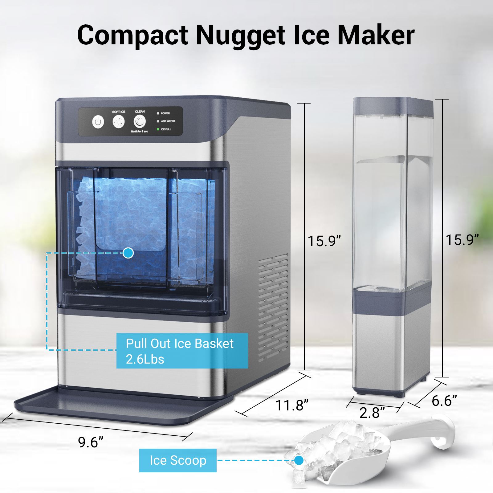 Ecojoy Stainless Steels Portable Countertop Nugget Ice Maker, 44Lbs/24H, Residential, Silver