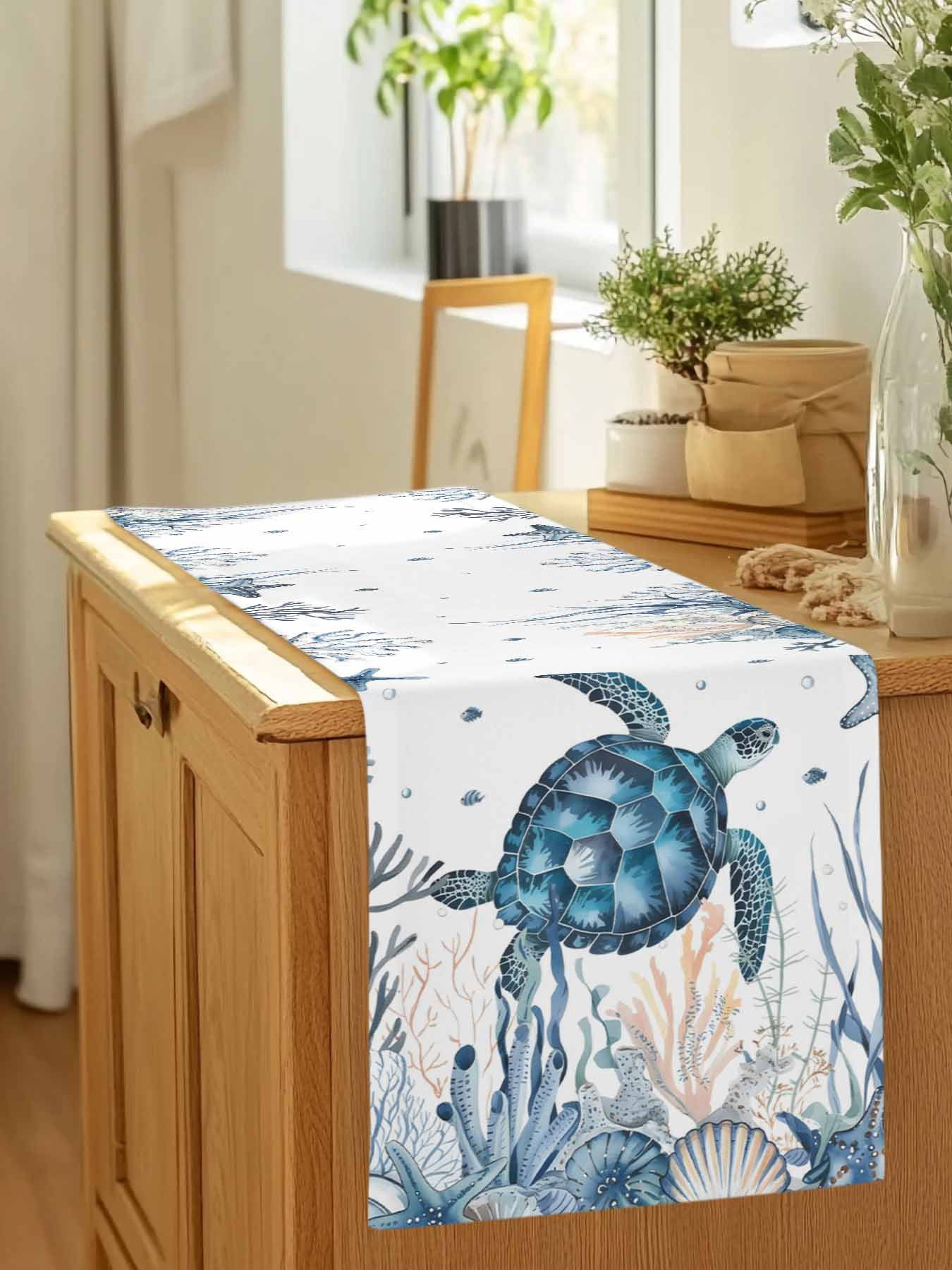 Sea Turtle Starfish Shell Seaweed Table Runner 90 Inches Long, Blue Ocean Marine Life Table Runners Tabletop Scarf Kitchen Dining Tables Decoration for Home Party Indoor Outdoor