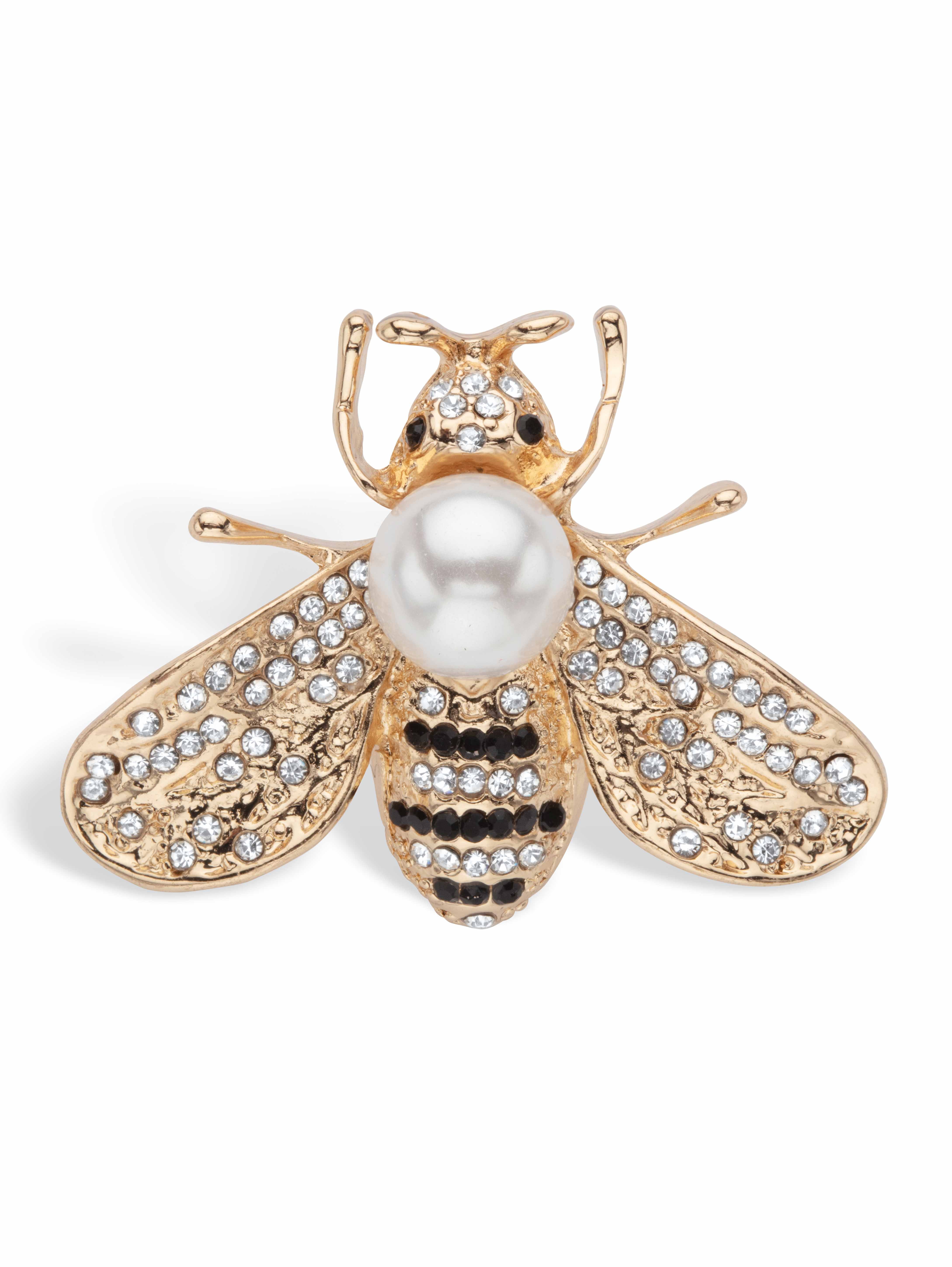 Round Black and White Crystal Bee Pin With Simulated Pearl Goldtone 1 1/4' Length