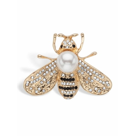 PalmBeach Jewelry Round Black and White Crystal Bee Pin With Simulated Pearl Goldtone 1 1/4" Length