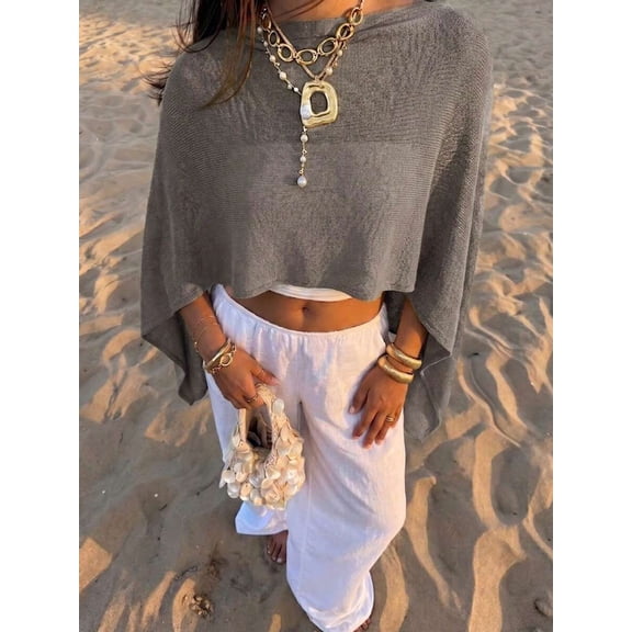 Women Asymmetrical Batwing‑Sleeve Knit Crop Poncho Shawl, Lightweight Knitted Beach Cover‑Up Top for Summer Vacation