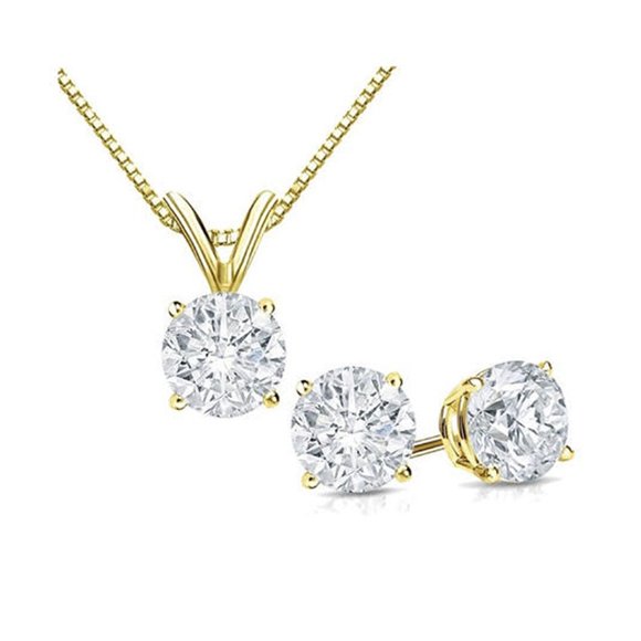 Paris Jewelry 18K Yellow Gold Plated 1ct White Sapphire Round Necklace & Earrings