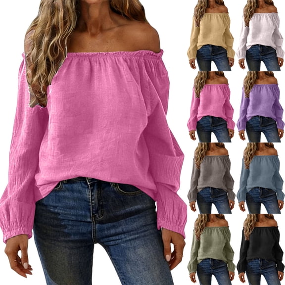 Danhjin Linen Shirts for Women Long Sleeve Off Shoulder Square Neck Solid Color Fashion Pullover Tops Fall Summer Spring Vacation Going out Blouses Casual T Shirts
