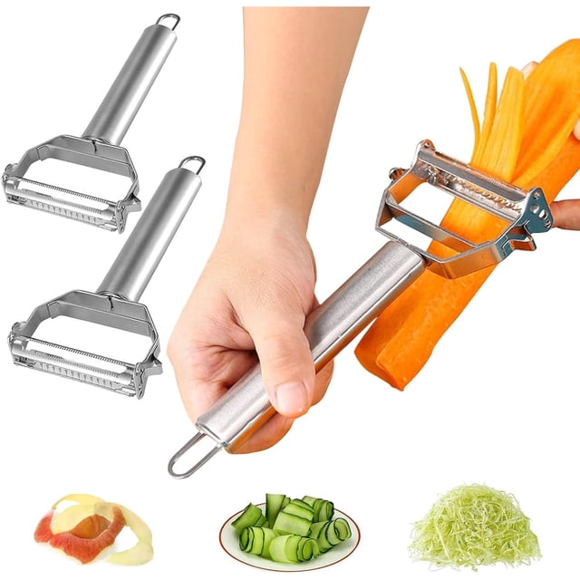 2PCS Pelador de Verduras y Papas de Acero Inoxidable Premium, Rallador de verduras 3 en 1 con cuchillas de doble cara, pela papas adecuado para la cocina casera