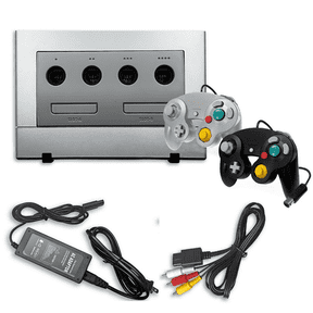 Restored Nintendo Gamecube Silver Game Console with 2 Retrofam Silver and Black Controllers