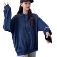 thumbnail image 3 of Sudadera con capucha de color puro con hombros caídos y manga larga suelta con cordón y bolsillo azul M, 3 of 8