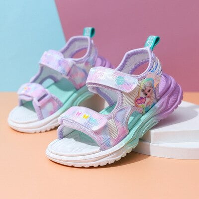 Sandalias de Disney para niñas, novedad de verano, malla de princesa congelada, bonitos dibujos animados de elsa, zapatos de playa informales para niñas, 30 plantillas de 19 CM Gao Jinjia LED