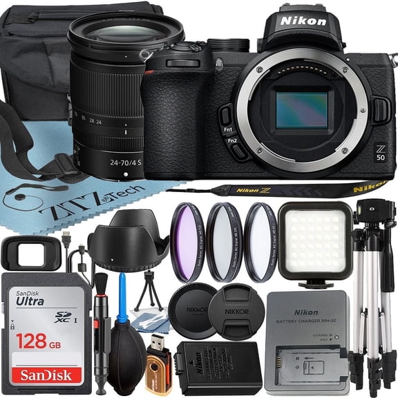Nikon Z50 Mirrorless Camera with NIKKOR Z 24-70mm f/4 S Lens   SanDisk 128GB Card   Case   3 Pieces Filter   Flash   ZeeTech Accessory Bundle