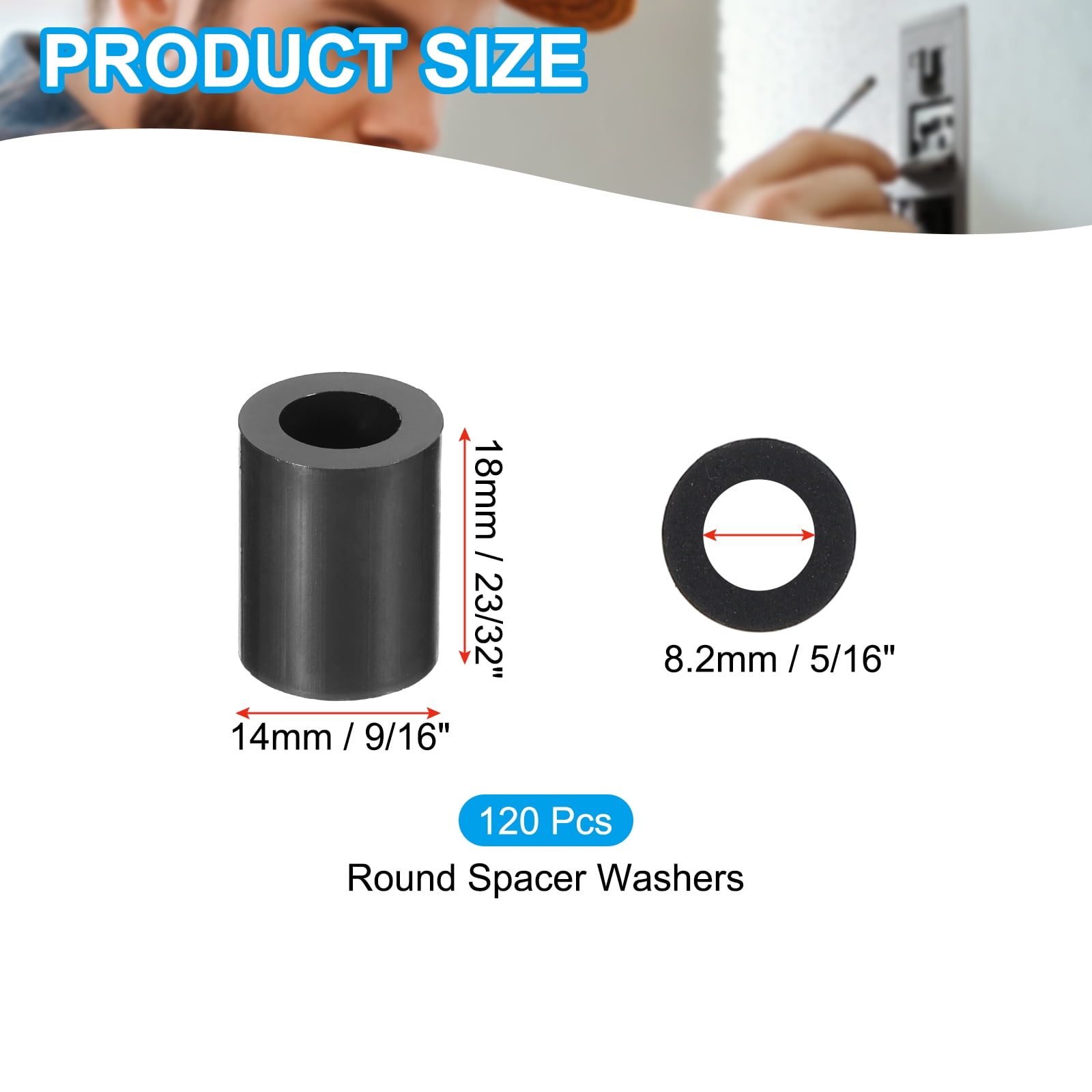 Uxcell 120Pcs M8 ABS Spacers 5/16" ID x 9/16" OD x 23/32" L Plastic Round Spacer Washers Black Standoff Nut Unthreaded for M8 or 5/16 inch Screws Bolts Electrical Outlet