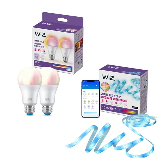 Paquete de iluminación inteligente WiZ RGB LED Tira de 15 m más 2 bombillas A19