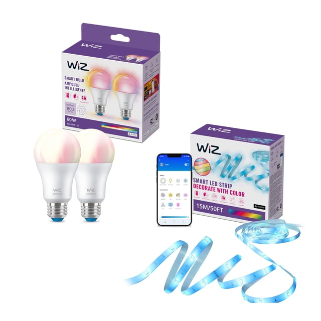 Paquete de iluminación inteligente WiZ RGB LED Tira de 15 m más 2 bombillas A19