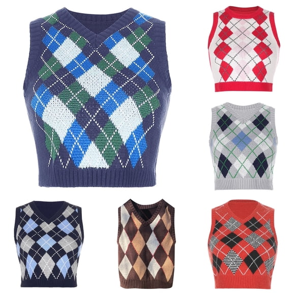 Jane Wardrobe Sweater Vest Women V Neck Argyle Plaid Sleeveless Cropped Knit Vest Preppy Casual Layering Sweater Top S-M-L 1 Piece