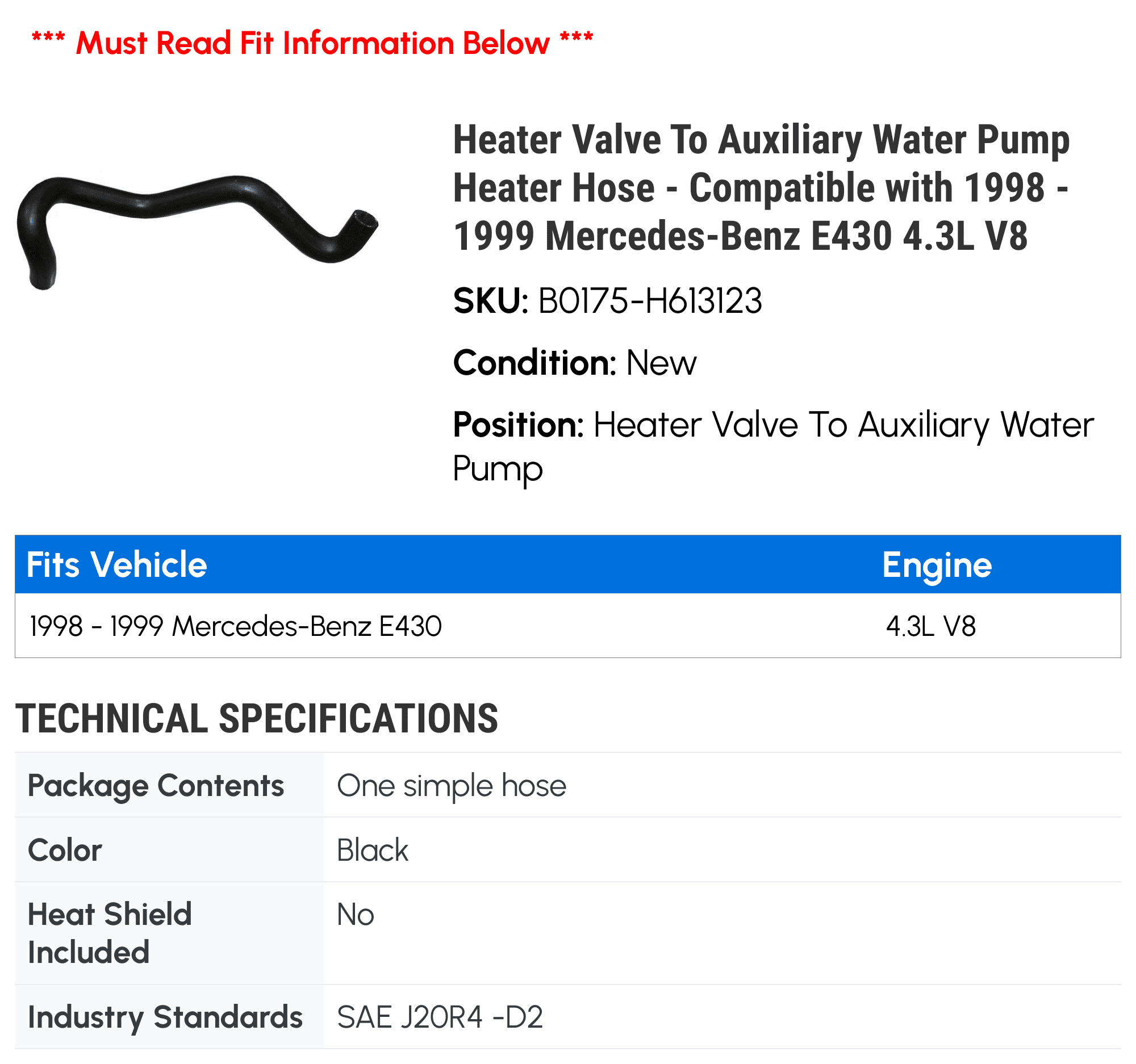 Heater Valve To Auxiliary Water Pump Heater Hose - Compatible with 1998 - 1999 Mercedes-Benz E430 4.3L V8
