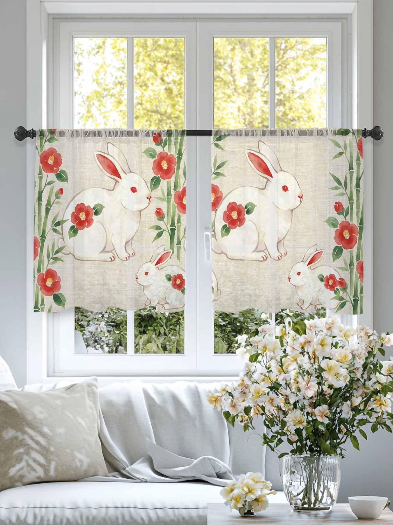 Floral Rabbits Sheer Curtains 2 Panels Set Japanese Red Floral Rabbit Linen Texture Sheer Window Curtains Light Filtering Rod Pocket Voile Drapes for Bedroom Living Room 52"x54"