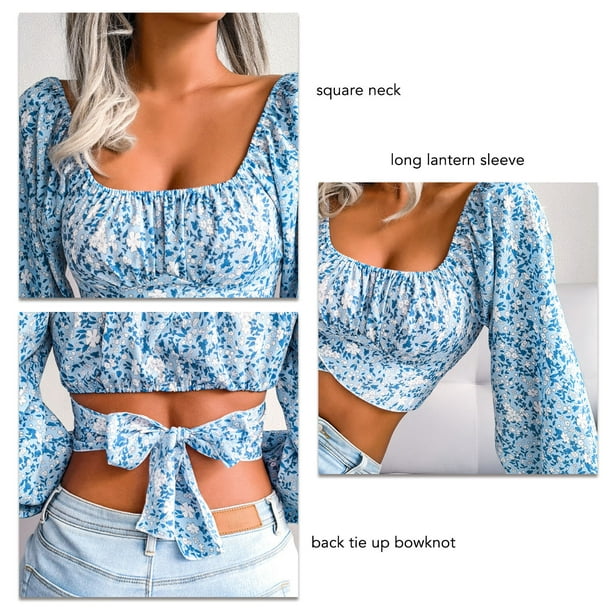 Puff Long Sleeve Top, Elegant Back Tie Up Crop Top Bowknot For Work Blue M