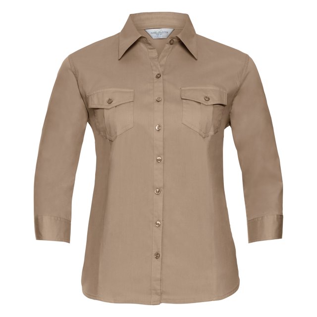Russell Collection- Camisa de manga vuelta tres cuartos para mujer (Caqui)