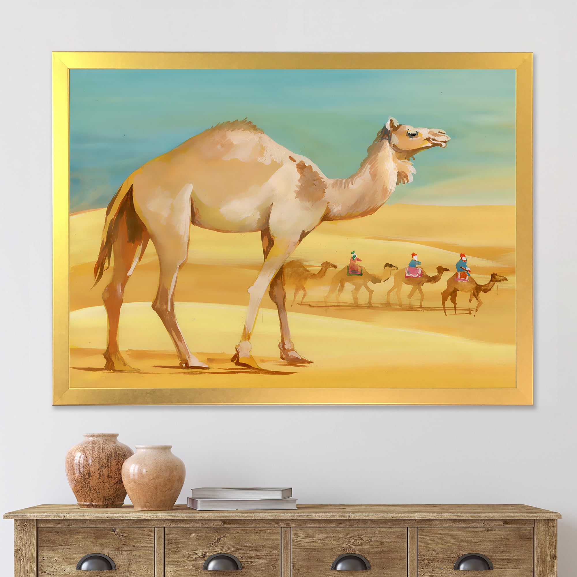 Designart 'Camels In Wild Desert I' Farmhouse Framed Art Print