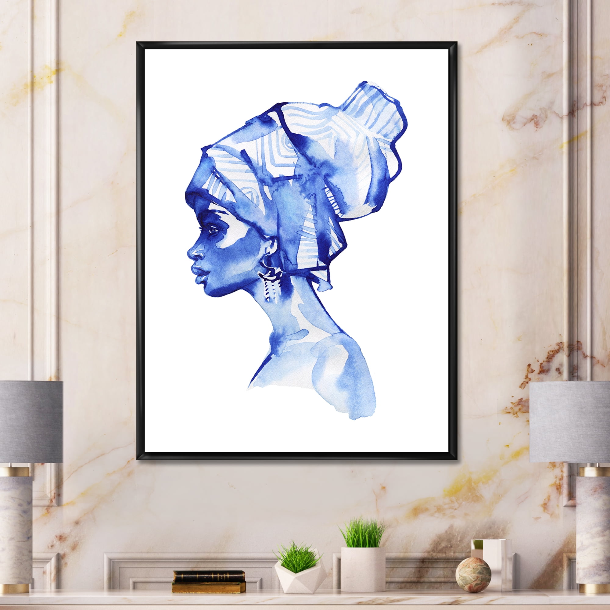 Designart 'Afro American Woman Blue Fashion Portrait' Modern Framed Canvas Wall Art Print