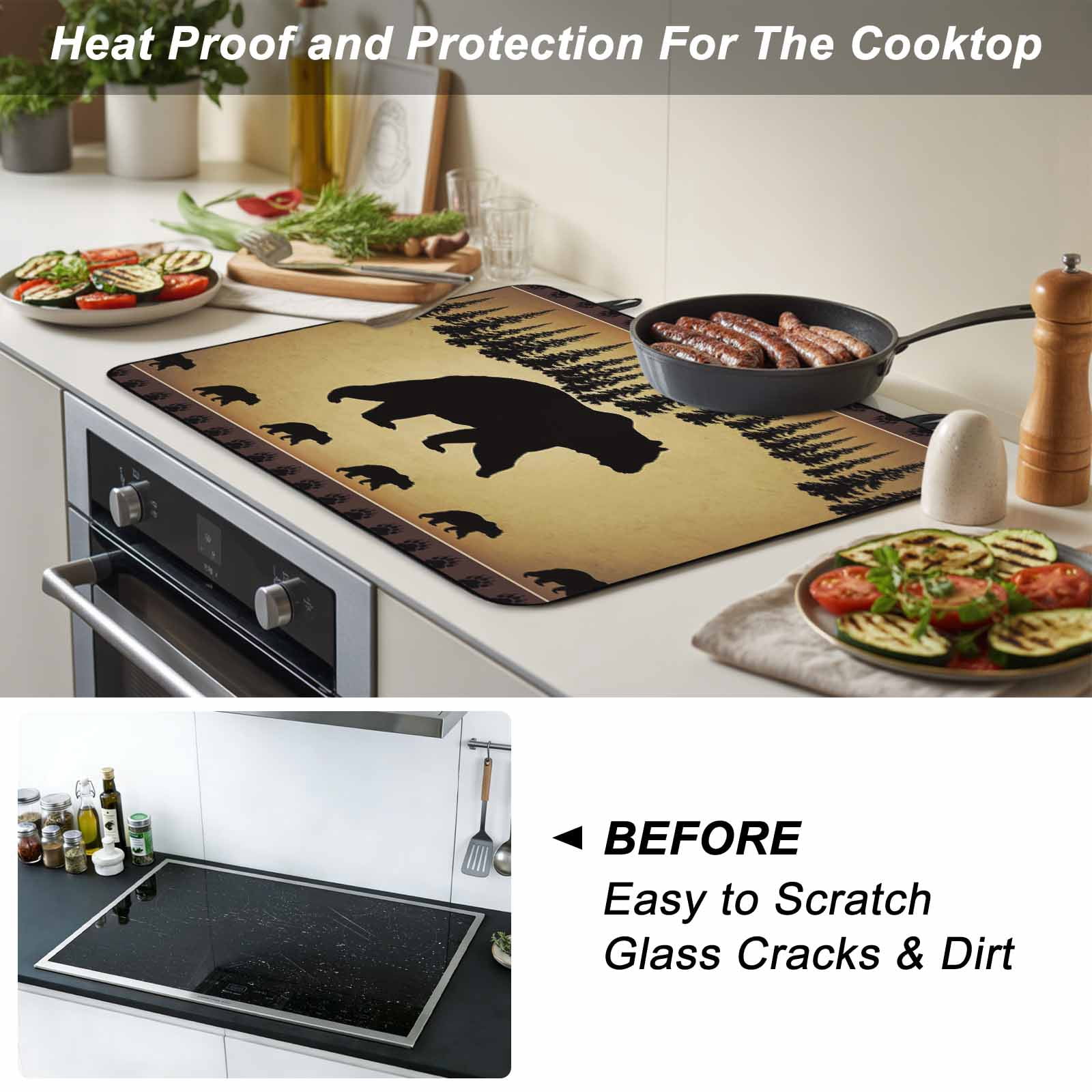 Black Bear Stove Top Cover for Electric Stove, Heat-proof & Non Slip Glass Top Stove Cover Protector, Vintage Animals Farmhouse Pine Brown Forest Kitchen Flat Cooktop Rubber Mat 24x21 Inches