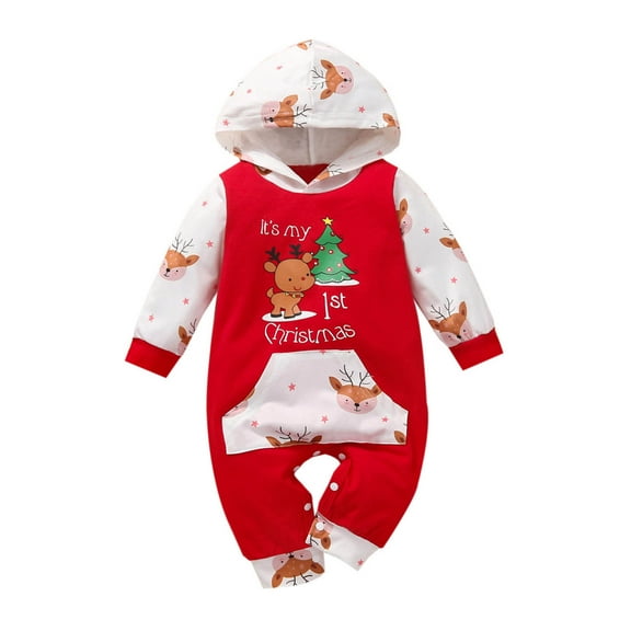XDZJLR My First Christmas Baby Girl Outfit Xmas Xmas Cartoon Deer Letter Printed Hoodie Jumpsuit Onesie Red 12-18 Months