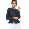 thumbnail image 1 of Chaqueta de mezclilla con cuello redondo y botones de manga larga con volante recortado y peplum para mujer Azul XL, 1 of 6