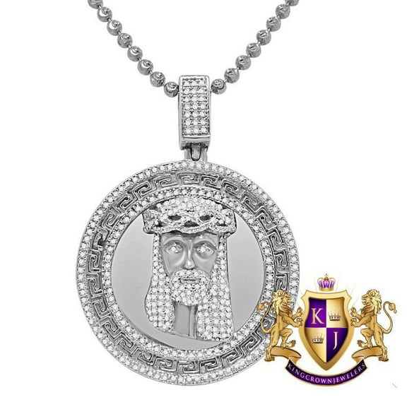 Real Genuine Diamond Jesus Face Piece 10K White Gold Finish Greek Mini Charm Pendant Chain