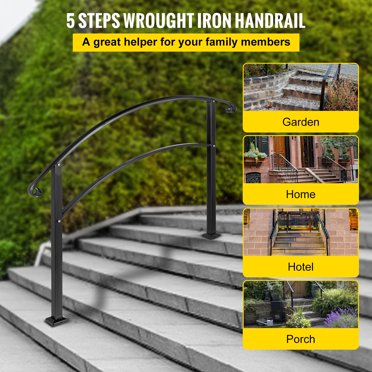 5FT Adjustable Wrought Iron Transition Handrail – Matte Black, Fits Up To 5 Steps
