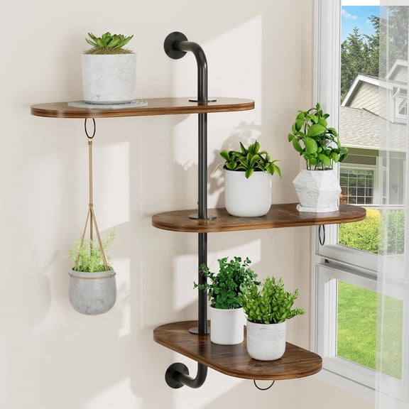VyGrow Rotating Window Plant Shelves with 3 Anti-slip Mats, 3 Tier Plant Stand Indoor Outdoor, Wooden Window Plant Shelf with 3 Circle Hooks, Hanging Plant Holder for Window, Potted Plants