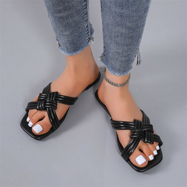Pantuflas frescas de playa de fondo plano con punta abierta tejida para ropa de vacaciones de ocio para mujer Wmkox8yii ytu2999