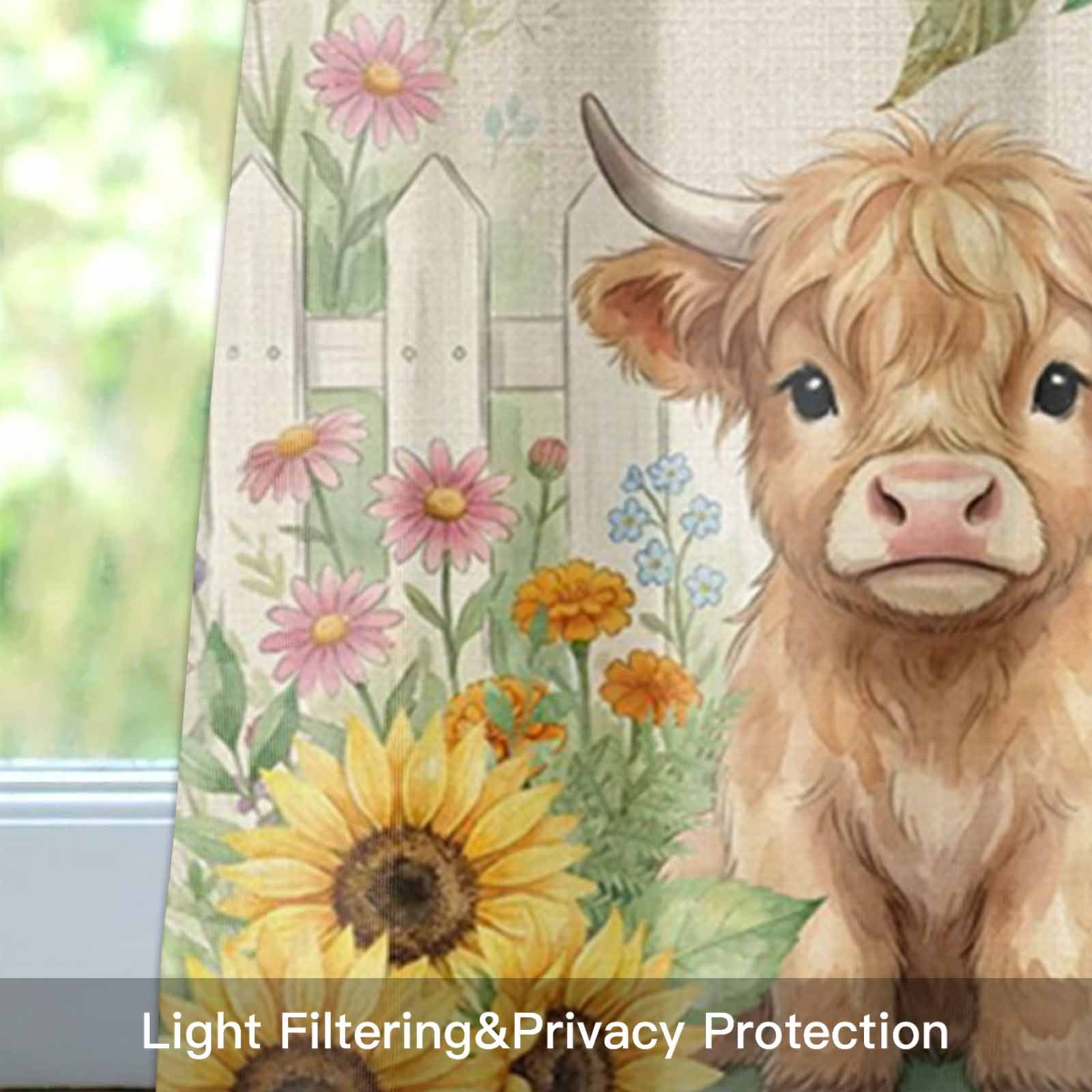 Farm Highland Cattle Valance Curtain for Windows Farmhouse Sunflower Cow Fence Linen Texture Rod Pocket Curtain Valances Short Window Treatments for Kitchen Bathroom Laundry Basement 60 x 18 Inch