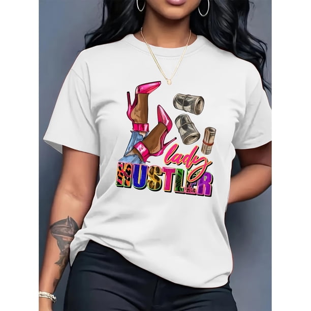 Camiseta para mujer veranoCasual Stylish Round-Neck Short-Sleeve T-Shirt for Black Women with Pink High Heels And Money Letter Print.Father's Day, Mother's Day, New Year, Spring Festival, Valentine'