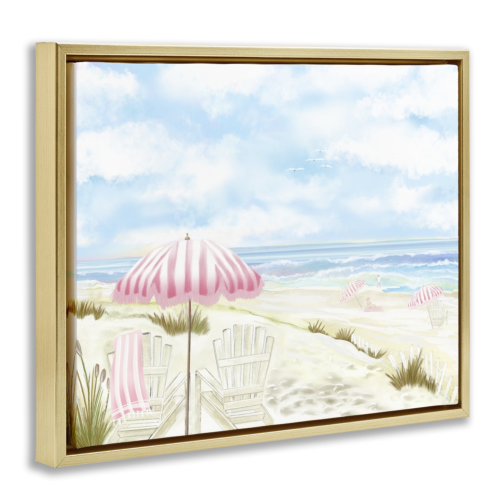 Seascape with Pink Umbrella Gold Framed Floater Canvas Wall Art, design by Lori Mosley