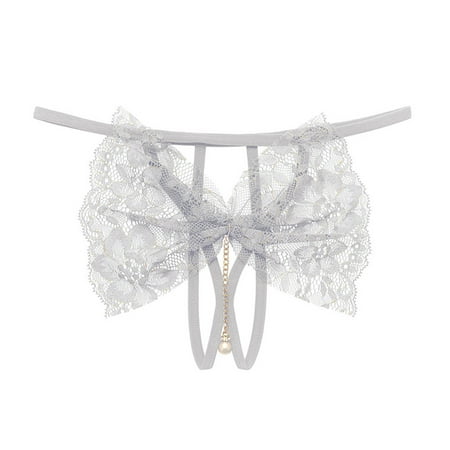 White One Size Women Lingerie G Slip Dress String Panties Plus Size Silk Long Underwear Women Lace Tassel Pearl Pendant Underwear Crotchless Pants T Back Unde