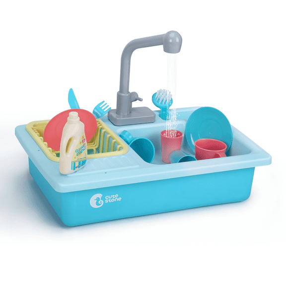 CUTE STONE Kids Pretend Play Sink Toy with Running Water, Color Changing Kitchen Sink Toys with Cups, Plates & Accessories,  Educational Role Play Toy for Toddlers Boys & Girls Ages 3 