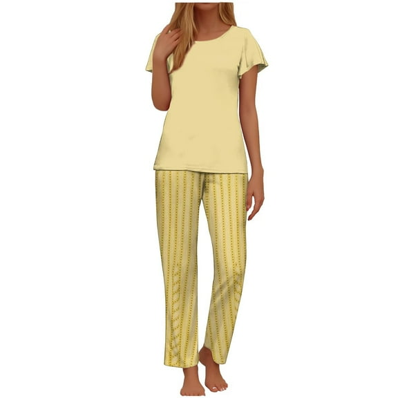 Kaemgyyd Womens Pajama Sets Soft Ruffle Short Sleeve Tops with Comfy Loose Long Pants 2 Piece Pj Set Sleepwear