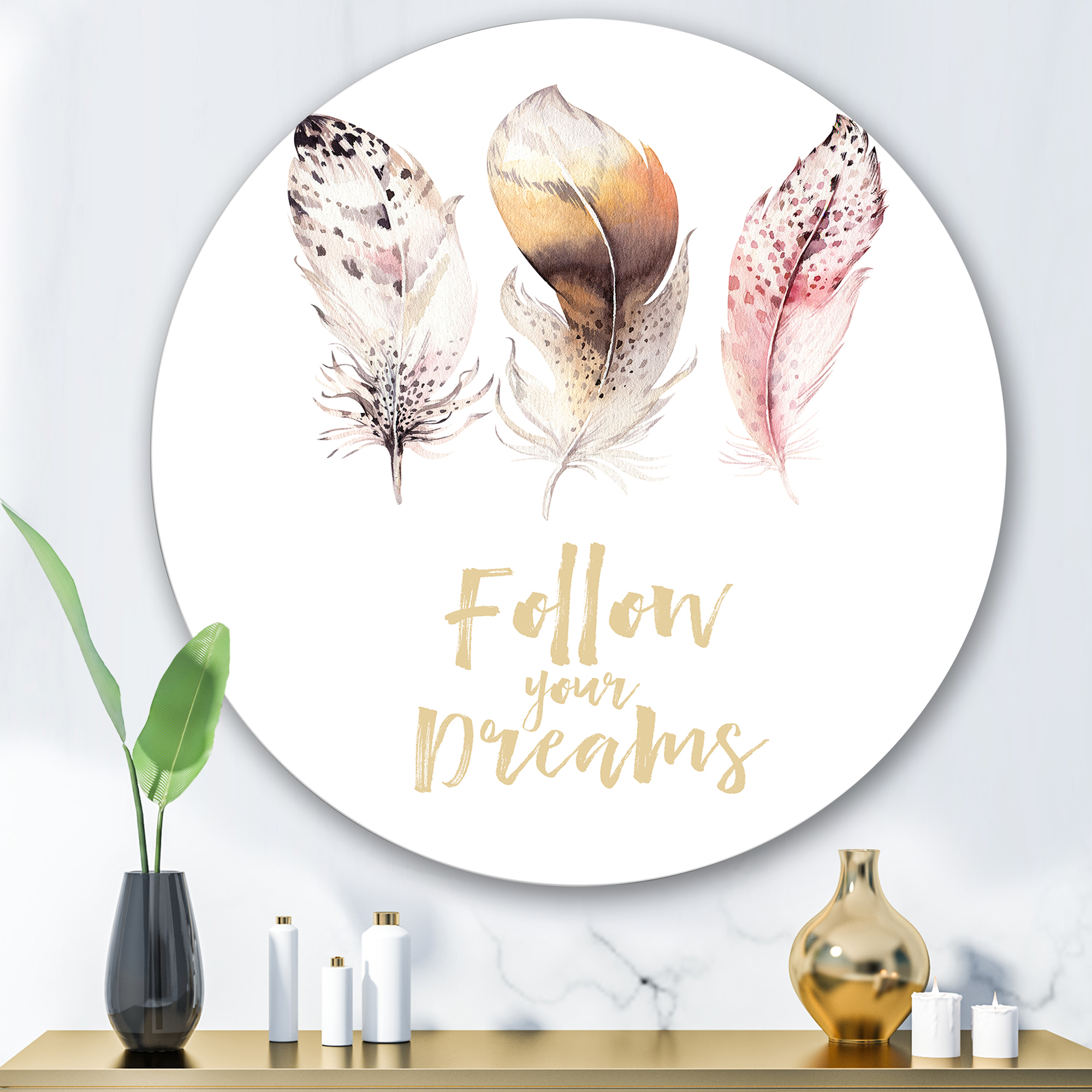 Designart 'Multicolored Boho Art Feathers Follow Your Dreams' Bohemian & Eclectic Circle Metal Wall Art 29x29 - Disc of 29