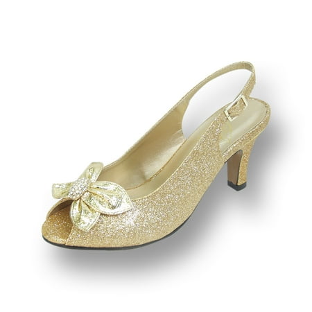 FLORAL Staci Women's Wide Width Peep Toe Glitter Bow with Jewel Slingback Pump GOLD 9.5