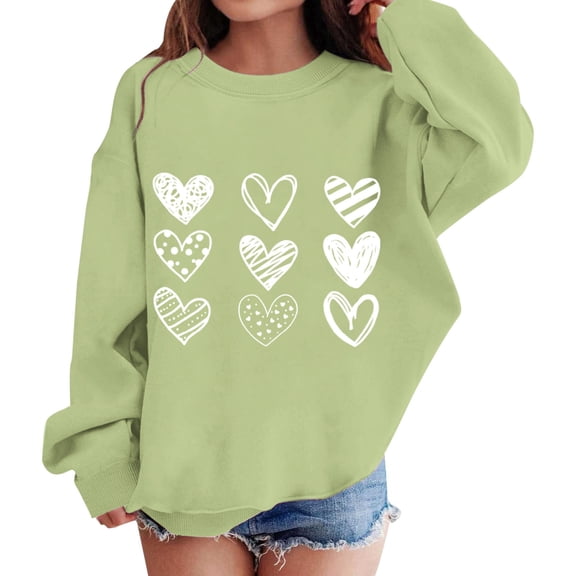KAUOD Teen Girls Heart Print Sweatshirts Oversized Crew Neck Long Sleeve Cute Pullover Tops Clothes Kids Cotton Hoodies