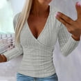 thumbnail image 2 of Fouhkni Long Sleeve Shirts for Women Ribbed Knit Low Cut V Neck Slim Fitted Ruched Waisted Fall Tops, 2 of 6
