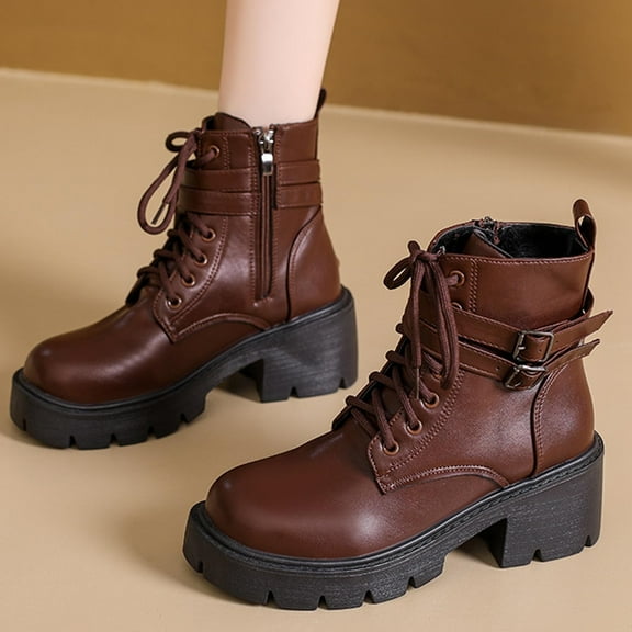 AUNVITO Women's Winter Faux Leather Buckle Lace-Up Ankle Boots Non-Slip Sole Mid Heel British Retro Casual Shoes Black Brown