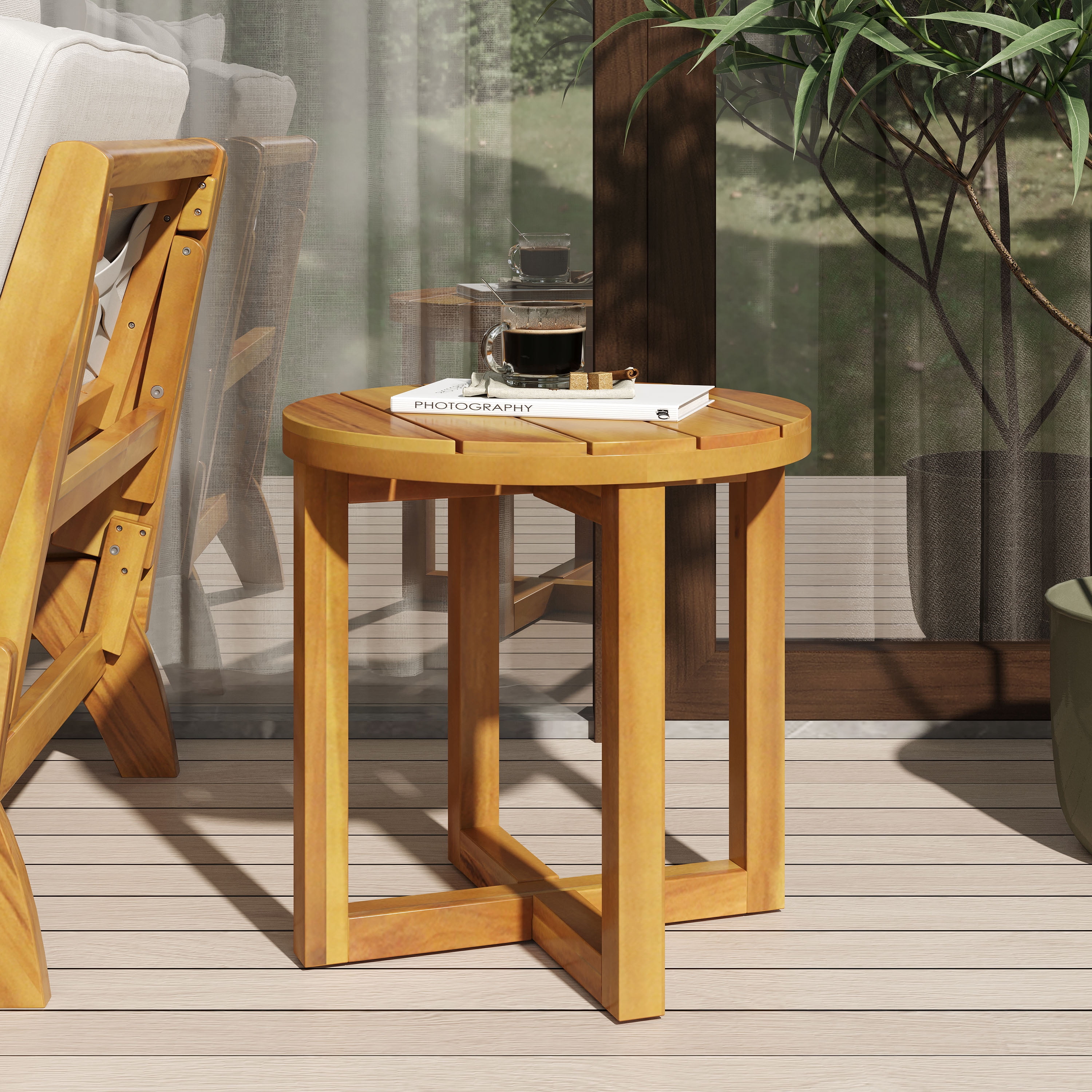 Euroco Round Outdoor Side Table, Solid Acacia Wood with Slatted Top and Cross-Leg Base, Patio Accent Table for Backyard or Balcony
