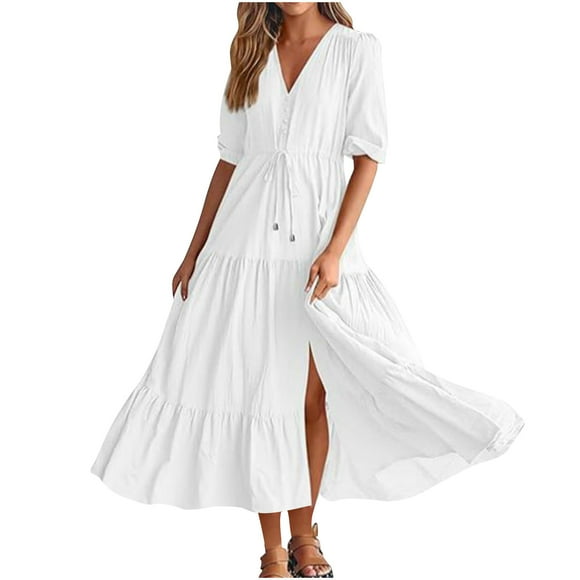 AherBiu Robe Bohème pour Femmes, Taille à Cordon, à Volants Superposés, Fluide, Manches Courtes, Col en V, Longue