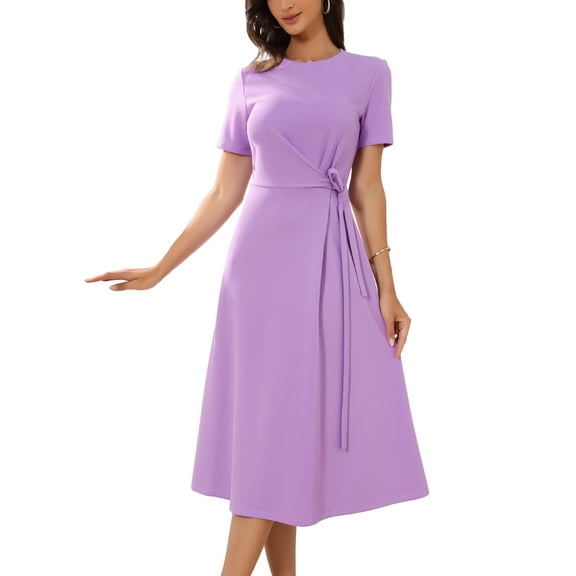 INSPIRE CHIC Women's Crew Neck Tie Waist Short Sleeve A-Line Midi Dress S Lavender