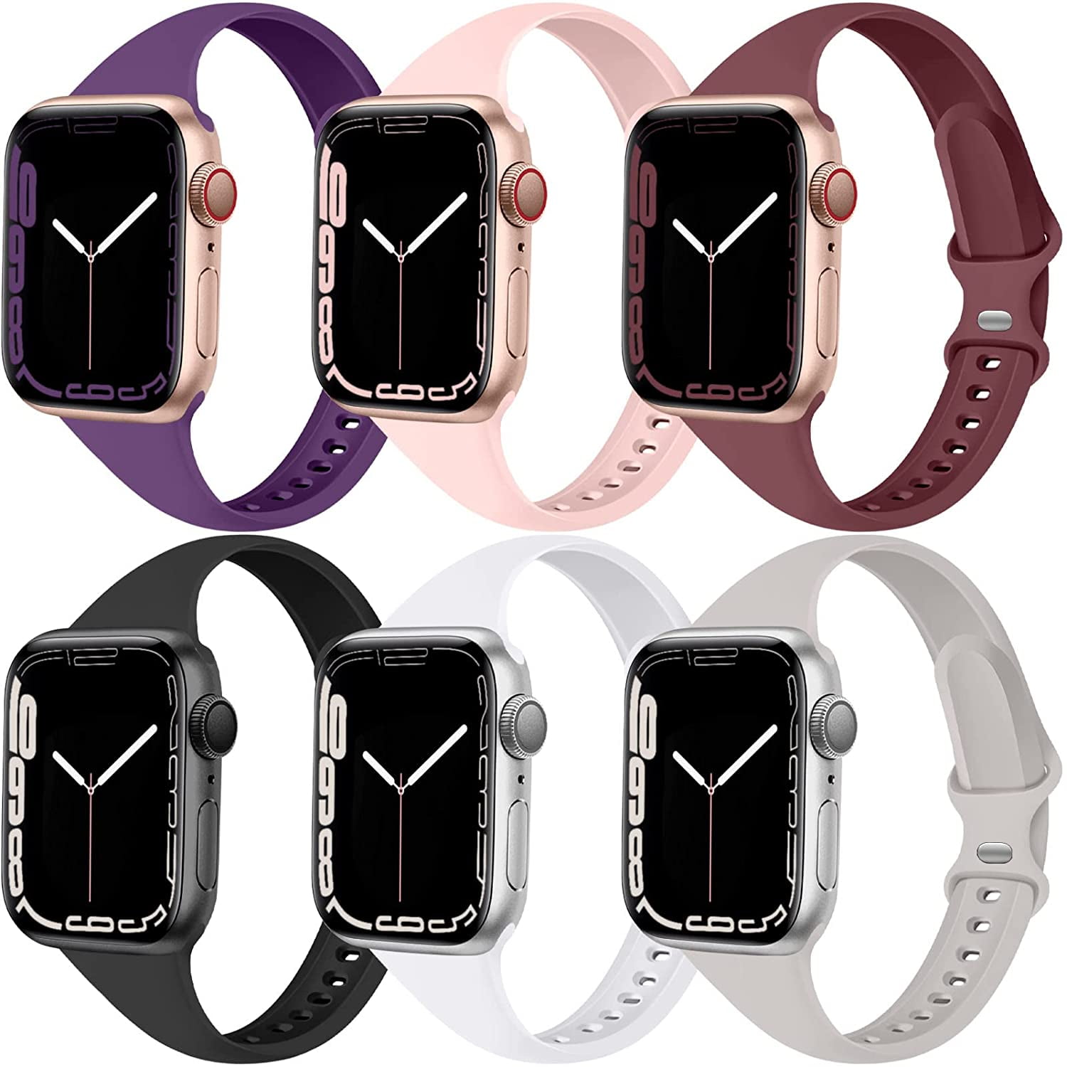 Hhhc 6 Pack Straps Compatible Apple Watch Straps 38mm 40mm 41mm 42mm 44mm 45mm Slim Fit Soft Silicone Sport Strap Replacement For Apple Watch Series 3