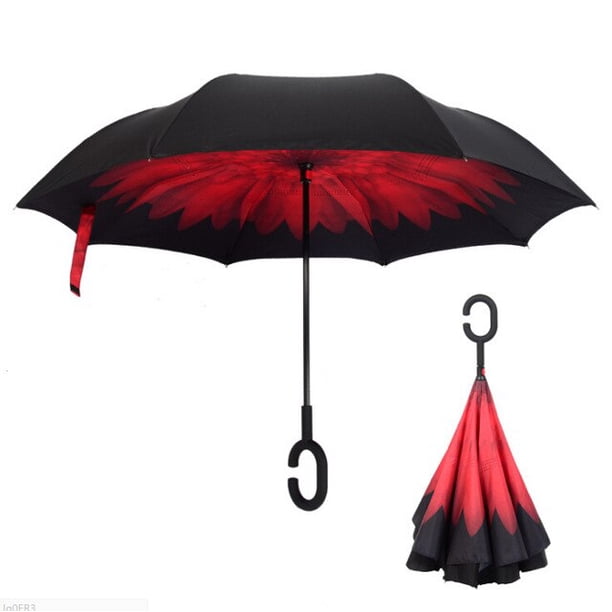 Paraguas invertido de doble capa con mango en forma de C, paraguas recto a prueba de viento resistente al agua Anti-UV para lluvia de coche uso al aire libre Adepaton 2021549-2