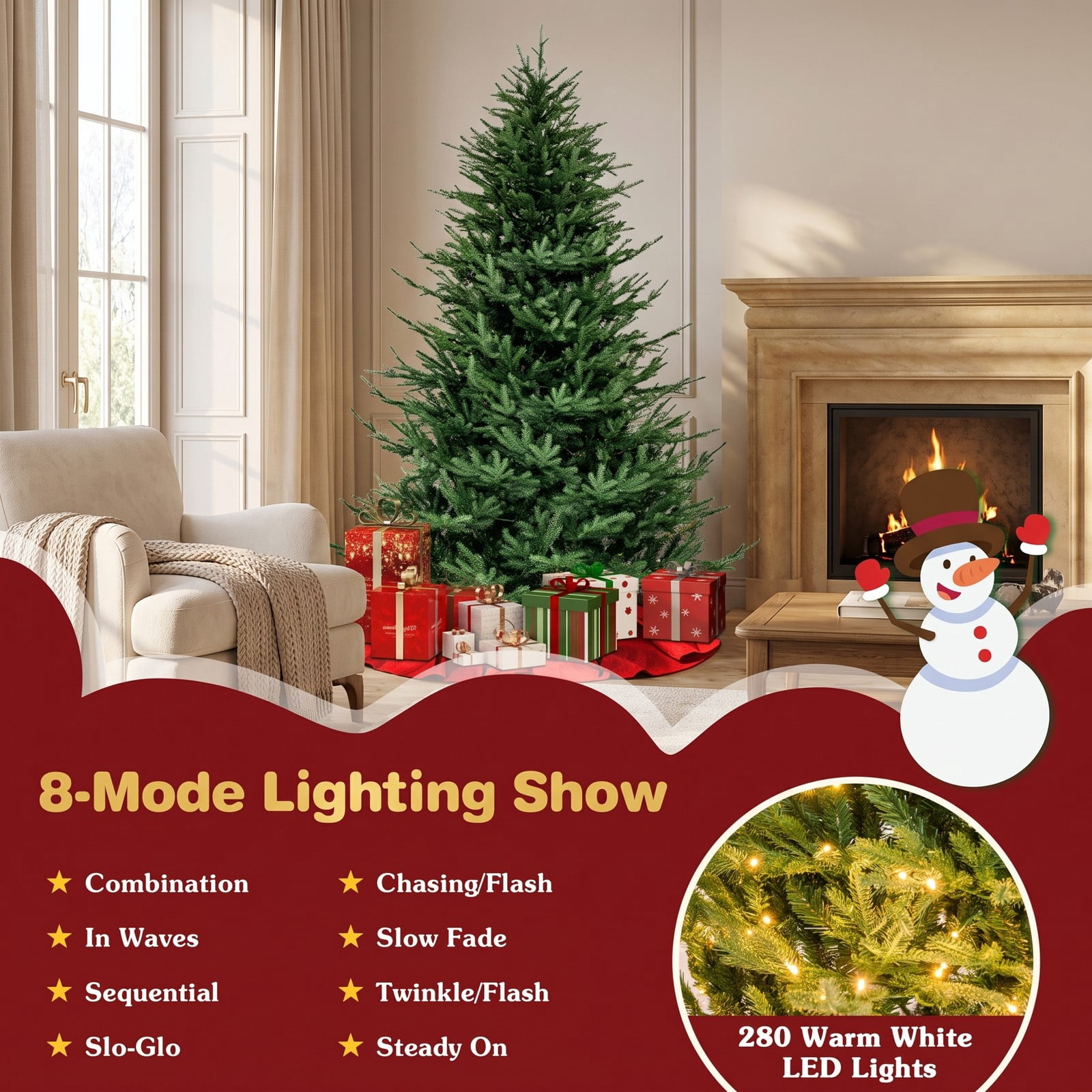 RUIE 6 ft Pre-Lit Artificial Christmas Tree with 280 Warm White LED Lights, 8 Lighting Modes, 788 Branch Tips, PE PVC Hinged Full Spruce Xmas Tree with Metal, Green