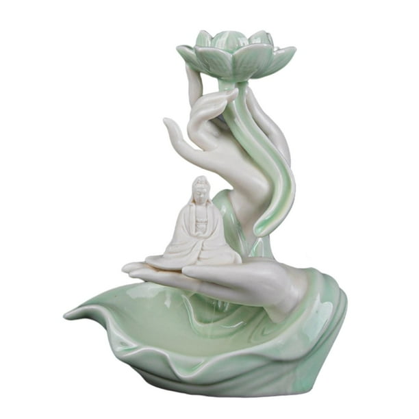 Quemador de cono de reflujo en cascada con luces nocturnas, decoración, incensario antiguo con puerto USB Celadon Guanyin