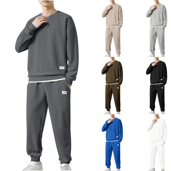 Vhkiploz 2Pcs Plus Size Athletic Outfit Sets for Men's Crew Neck Long Sleeve Pullover Top and Taper Cuffed Pants Solid Everyday Workout Sweatsuits