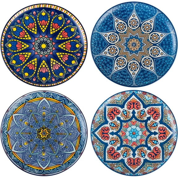 Ceramic Dinner Plates 11 Inch, Colorful Large Salad Serving Dishes Microwave & Dishwasher Safe, Set of 4 - Mandala Style